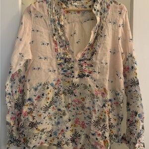 Elegant Floral Women's Blouse in Cream Sheer Henley style Bib front